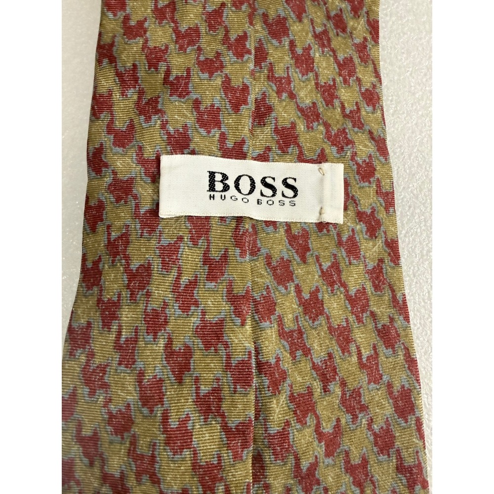 HUGO BOSS Silk Houndstooth Pattern Necktie Men Gold Red Blue 100%‎ Silk